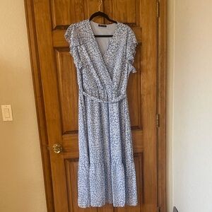 Blue Floral Wrap Maxi Dress with Tie Waist